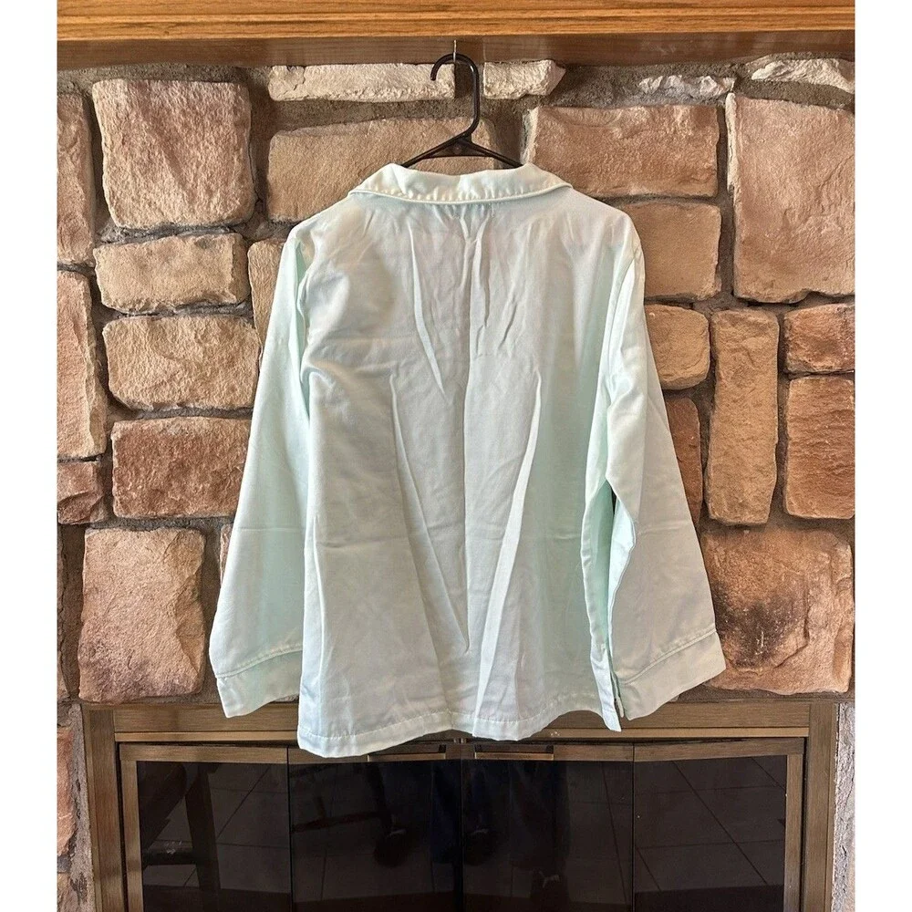 VTG Miss Elaine Satin Pajamas Long Sleeve Set Pants Top L Mint Pastel Green 2Pc